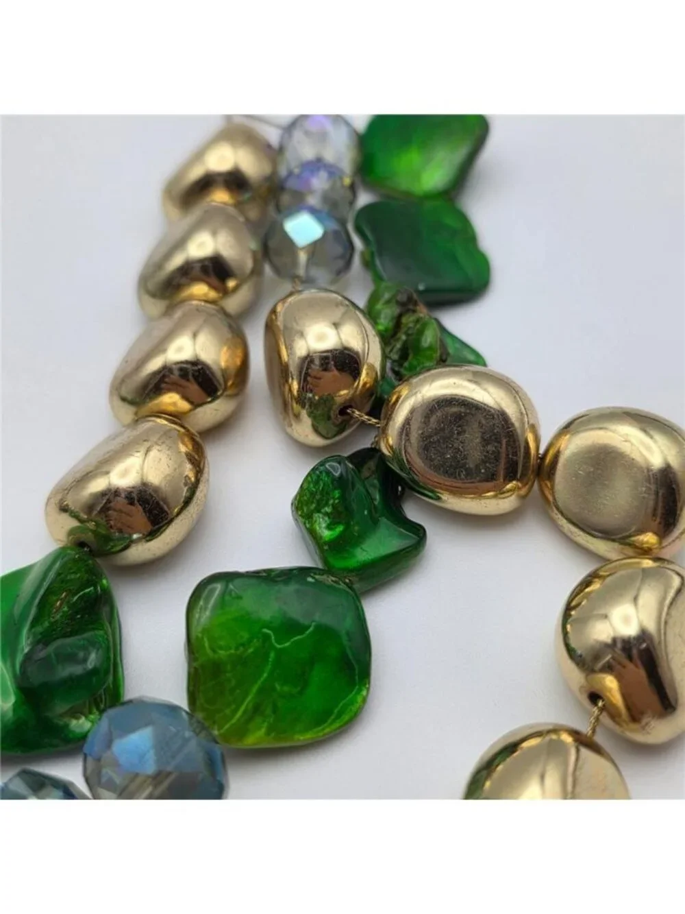 Green Dyed Mother of Pearl Gold Nugget Crystal Triple Strand Necklace 21 in Vtg.